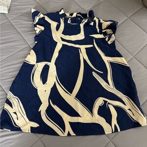 SHEIN Navy & Cream Abstract Print Dress with Ruffle Neckline